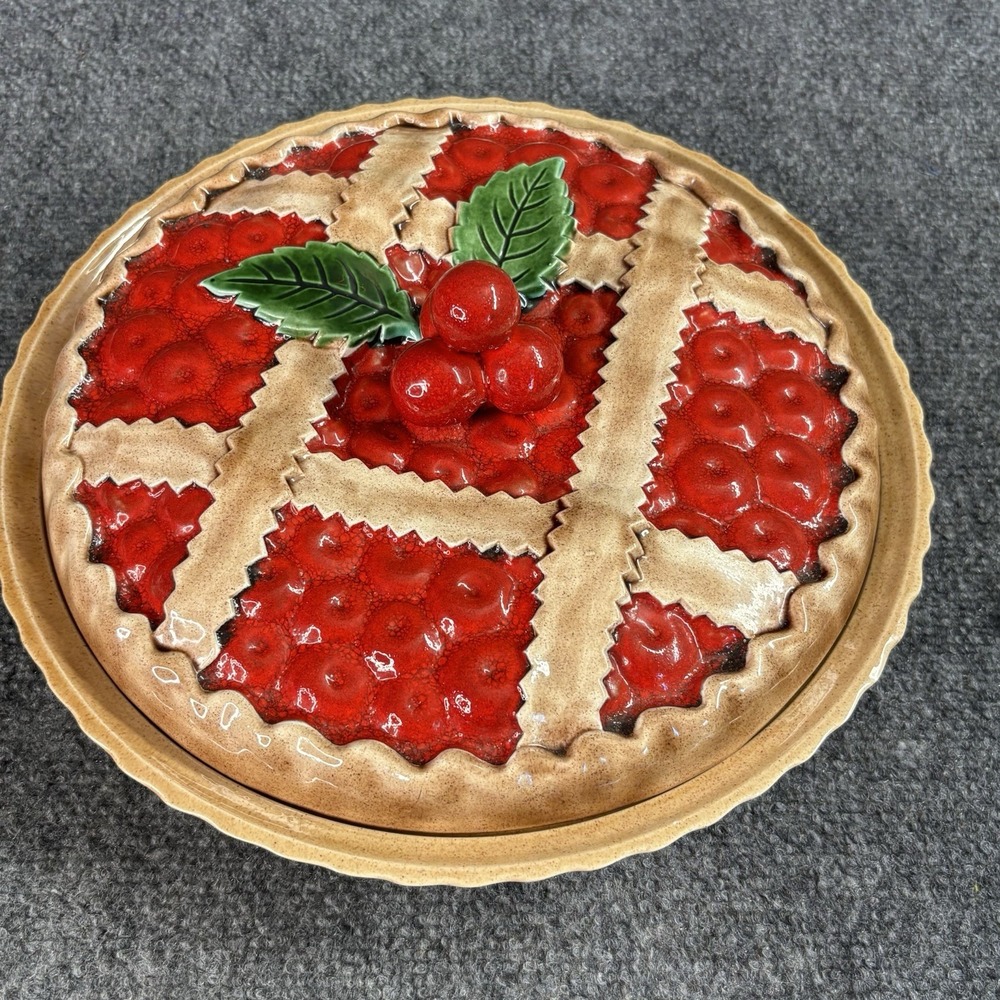 Cherry Pie Dish W/Lid  11" Made in Portugal Ceramic Heavy Cottagecore